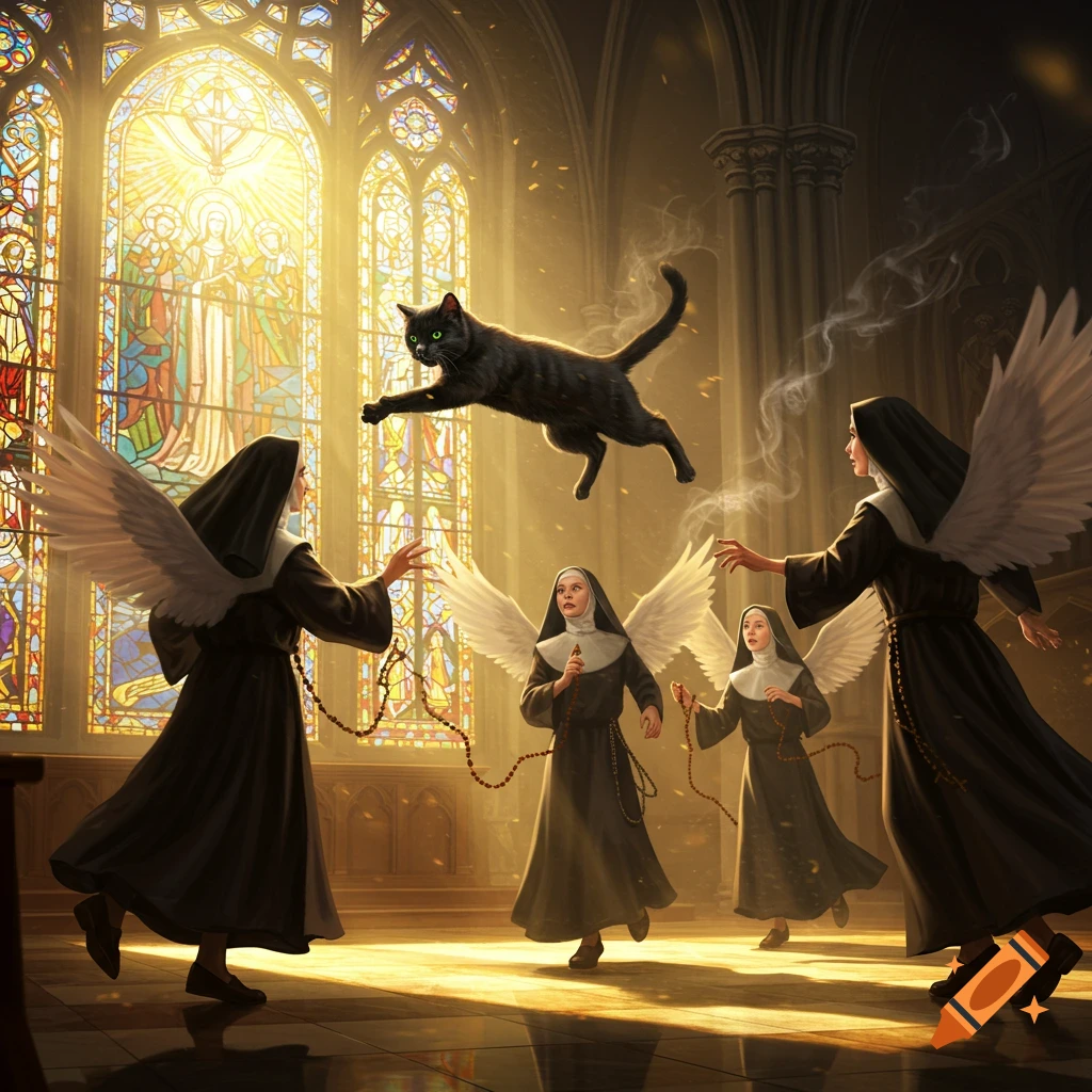 A black cat with green eyes levitates in a sunlit church, surrounded by four winged nuns reaching towards it. Stained glass windows illuminate the scene.