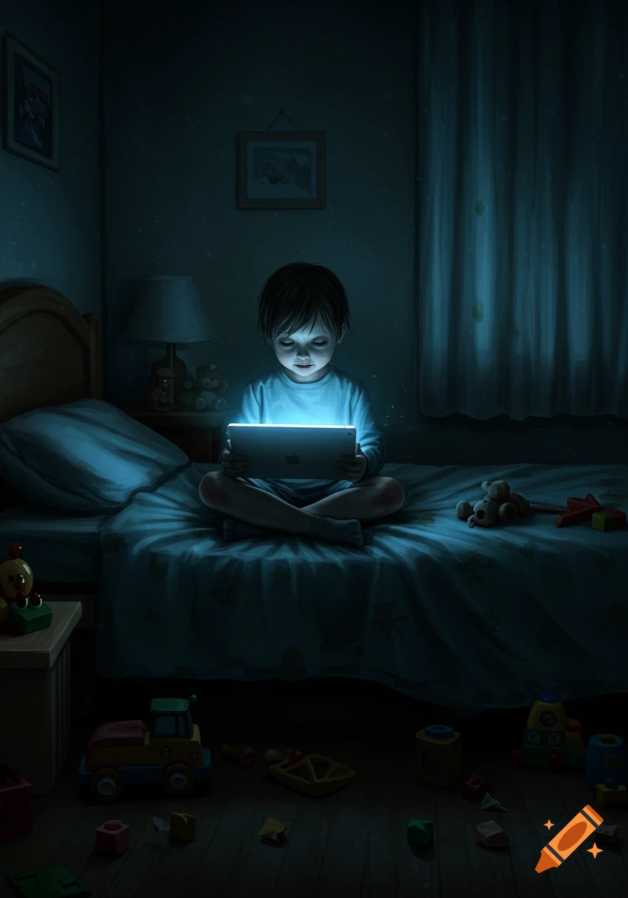 A young child sits cross-legged on a bed in a dark room, illuminated by the bright glow of a tablet. Digital art style.