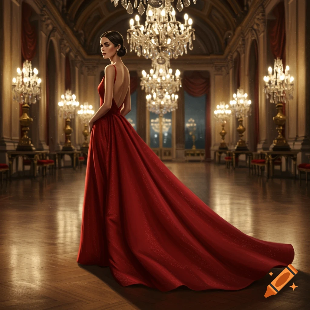 A woman in a long, elegant red gown with a train stands in a grand ballroom under chandeliers.