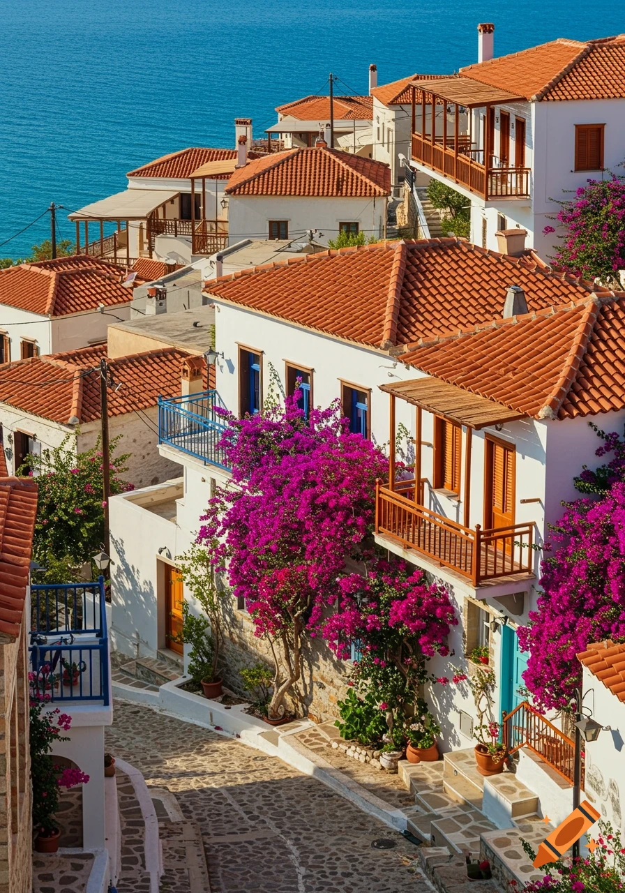 Photorealistic village on a hillside overlooking the sea, with white houses, red roofs, and vibrant bougainvillea flowers.