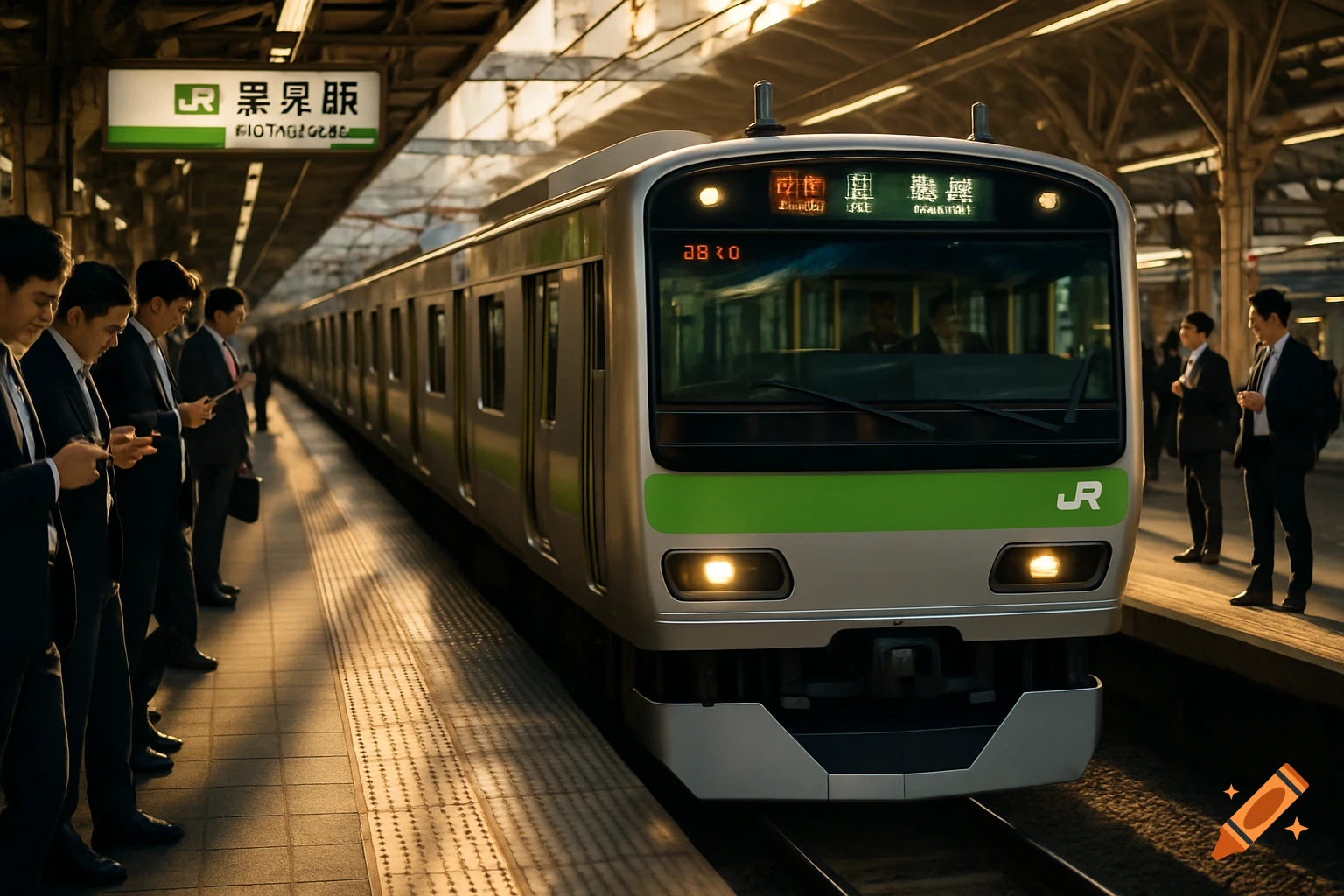 Ultra-realistic photo of a silver and green JR train at a Tokyo station platform, commuters checking phones.