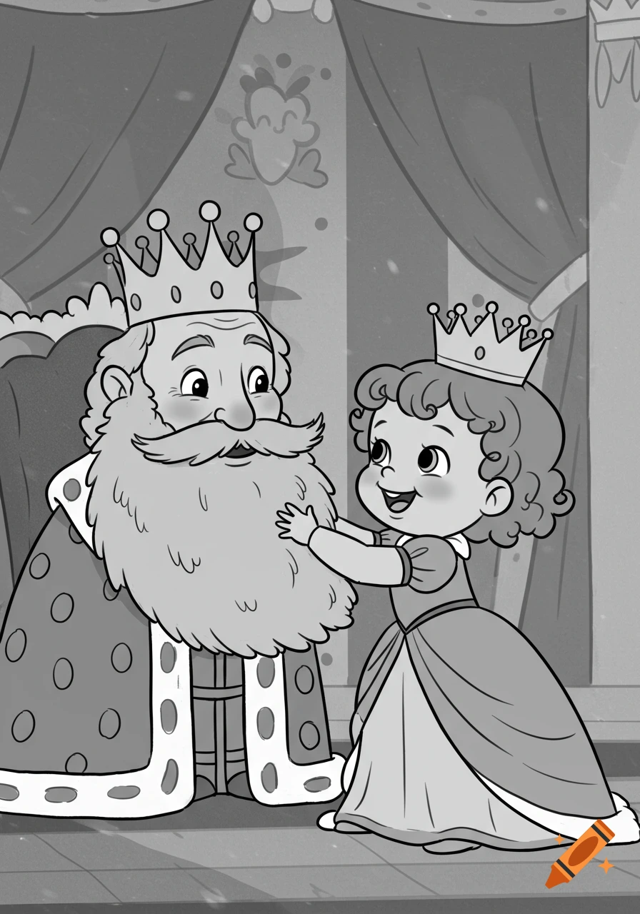 A cute, black and white cartoon baby princess playfully tugging a king's long beard inside a royal room.