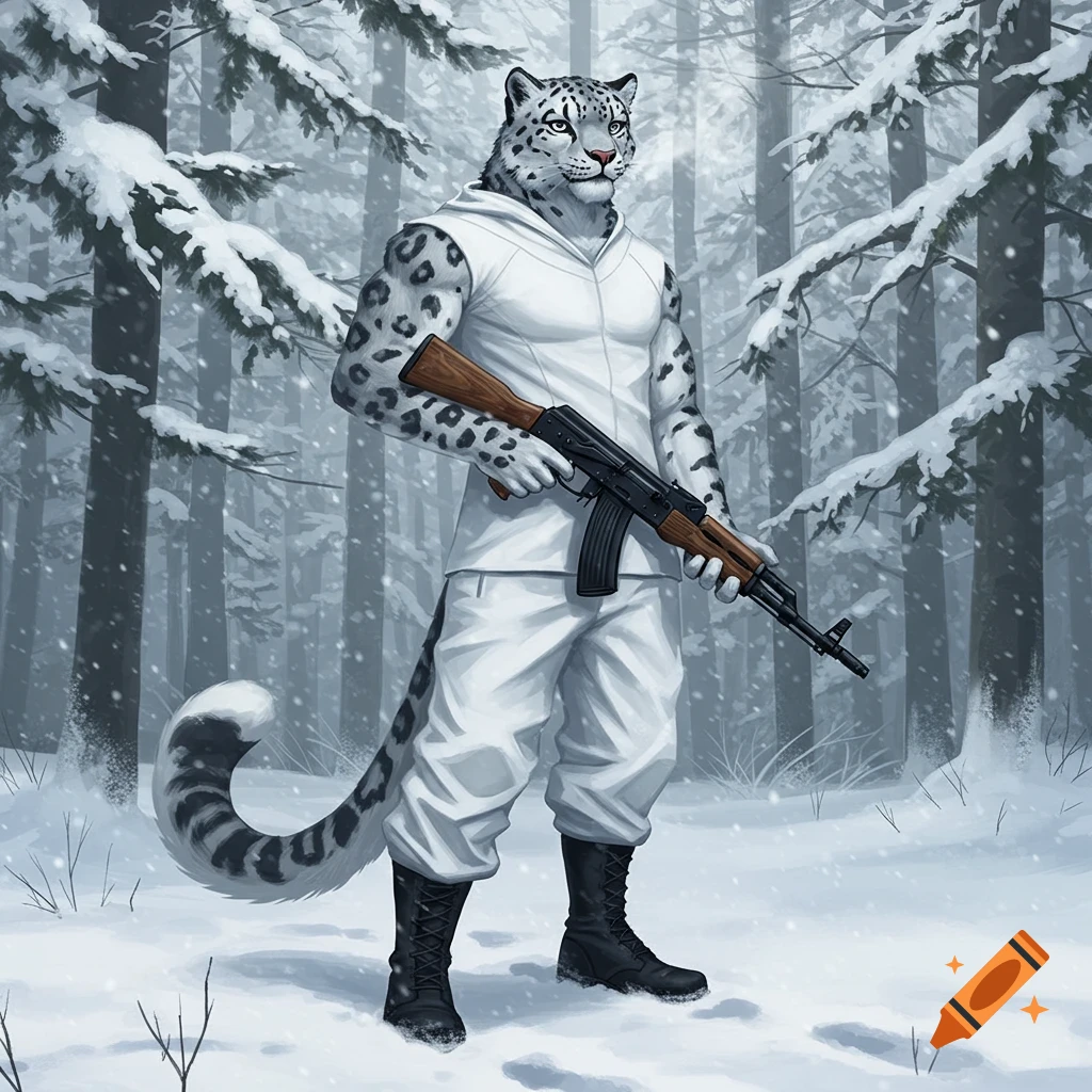 An anthropomorphic snow leopard in white clothes and black boots holds an AK-47 in a snowy forest.