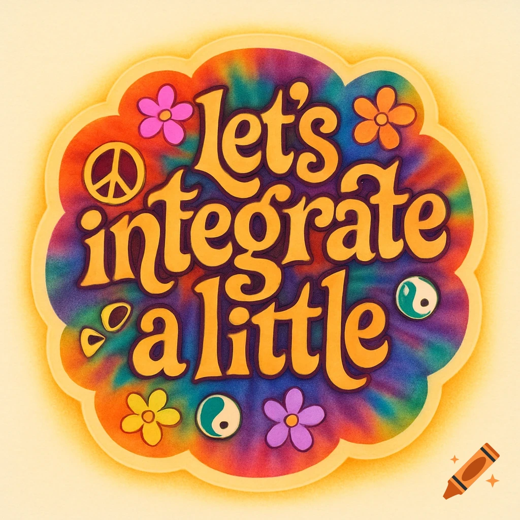 A retro hippie sticker with a tie-dye background, peace signs, flowers, and the text 'let's integrate a little'.