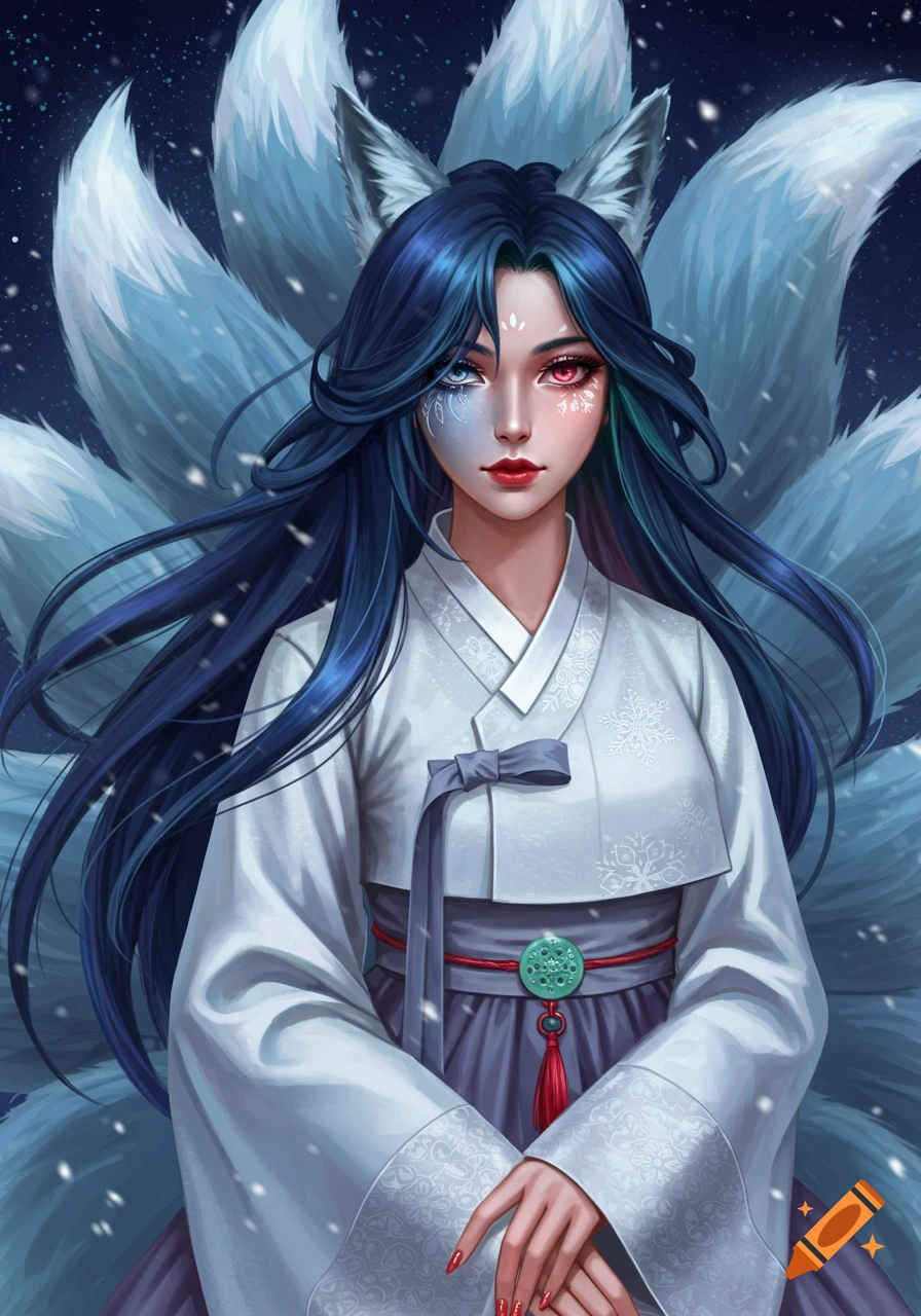A mystical fox spirit woman in a white hanbok with snowflake patterns, heterochromatic eyes, and multiple white tails, in a snowy night, digital art style.