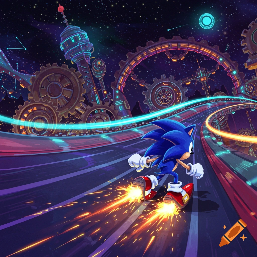 Sonic the Hedgehog speeds on a vibrant futuristic race track in a starry space with glowing gears, sparks flying from his shoes.