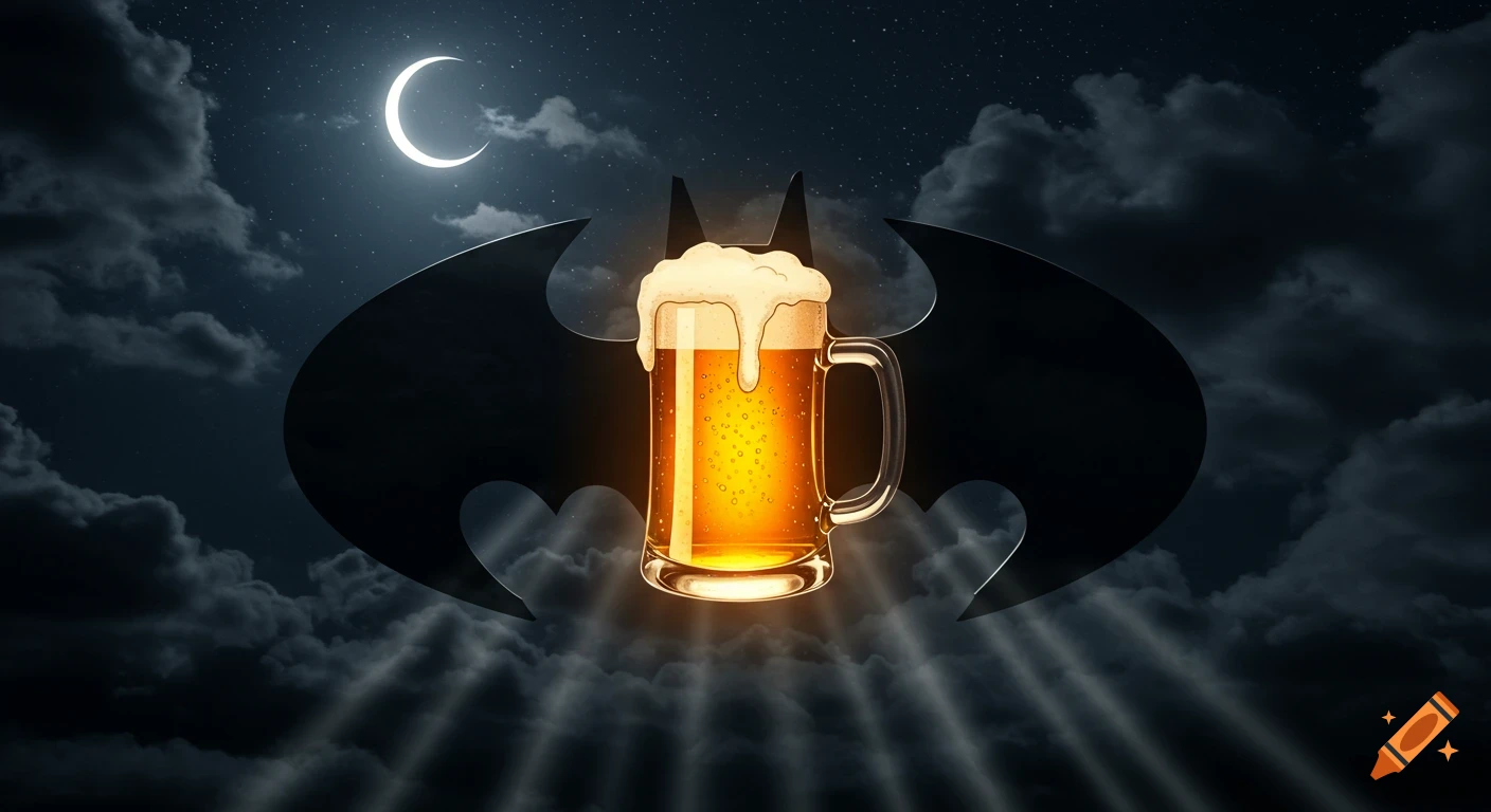 An illuminated beer mug silhouette forms a bat signal in a dark, cloudy night sky with a crescent moon.