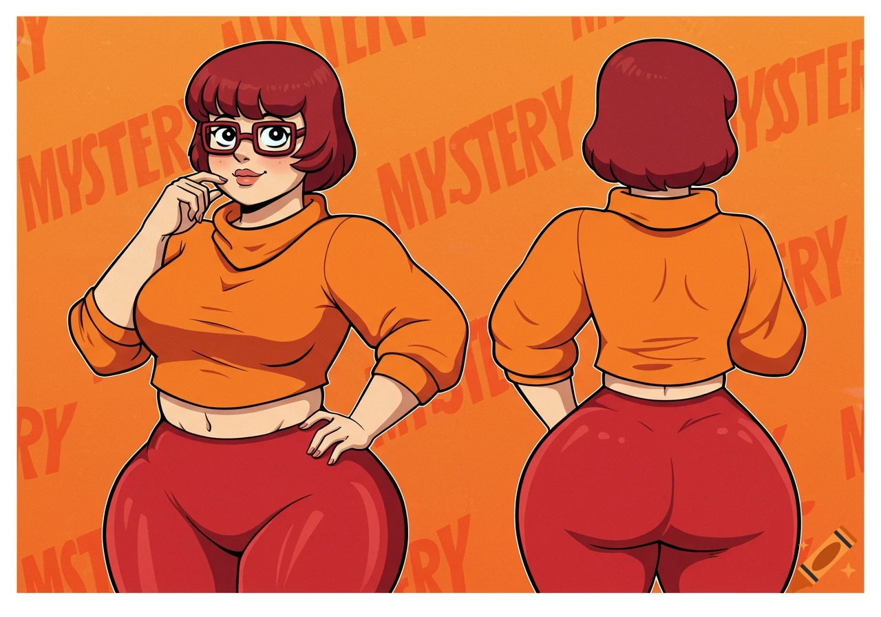 A 2D cartoon of a plus-size Velma from Scooby-Doo in an orange crop top and red leggings, shown front and back.