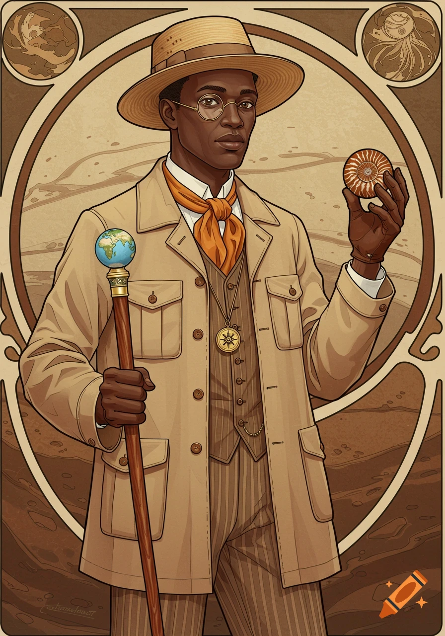 Art Nouveau portrait of an elegant African gentleman holding an earth globe cane and examining a nautilus shell.