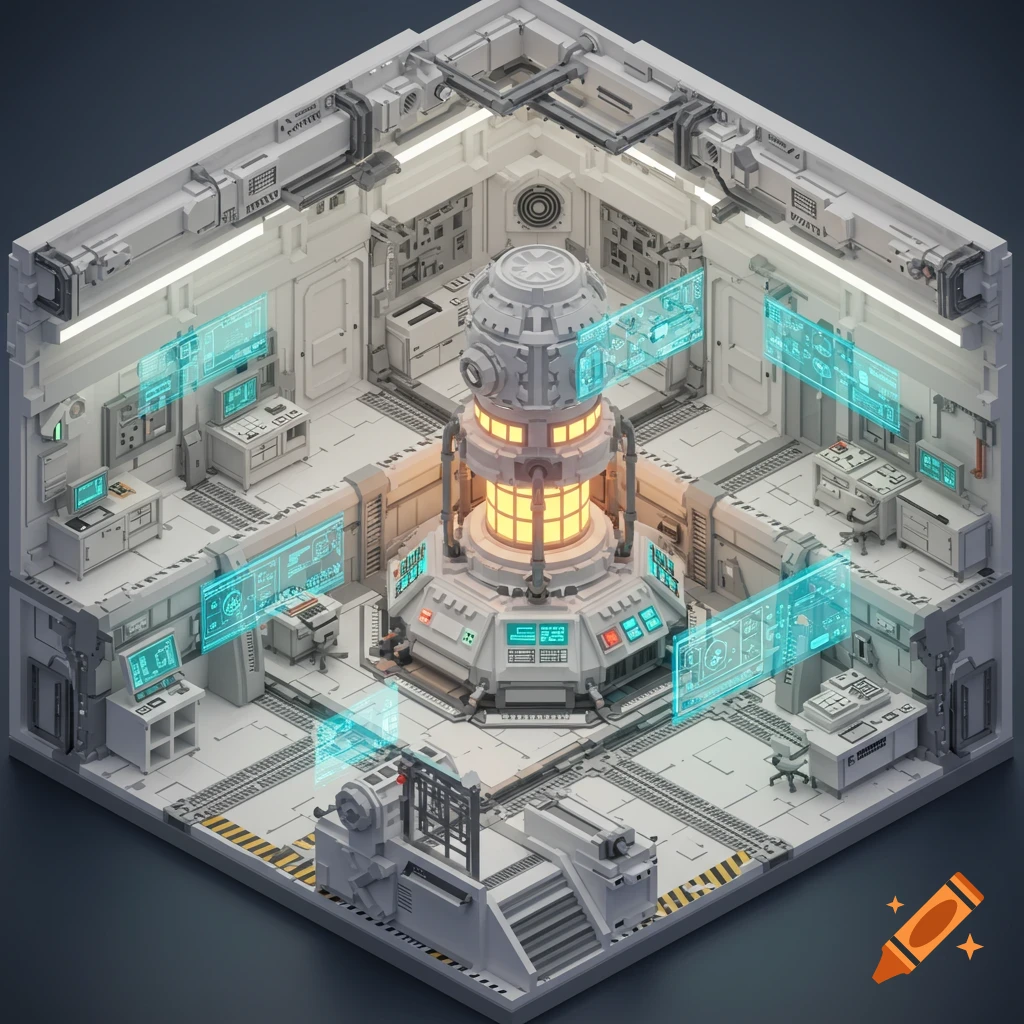 Isometric voxel art of a futuristic lab with a glowing central reactor, holographic interfaces, and scientific equipment.