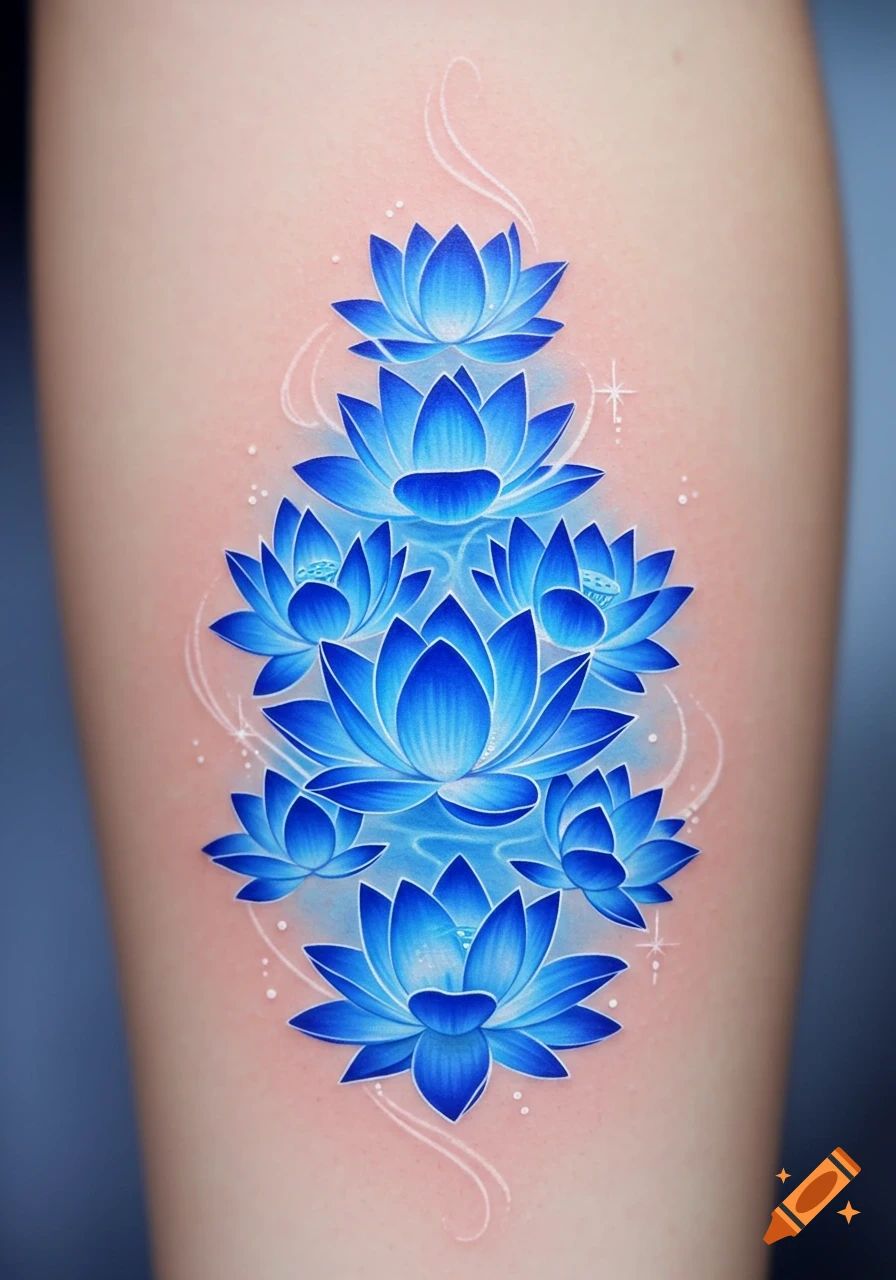 A vibrant blue lotus flower tattoo on light skin, featuring multiple glowing flowers arranged vertically.