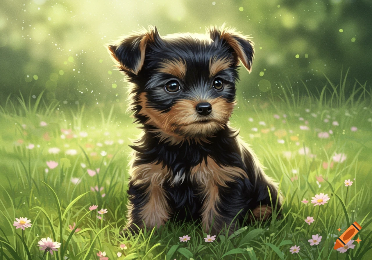 A small black and tan Yorkie puppy with large expressive eyes sits in a vibrant green field amidst small pink and white flowers, in an illustrative style.