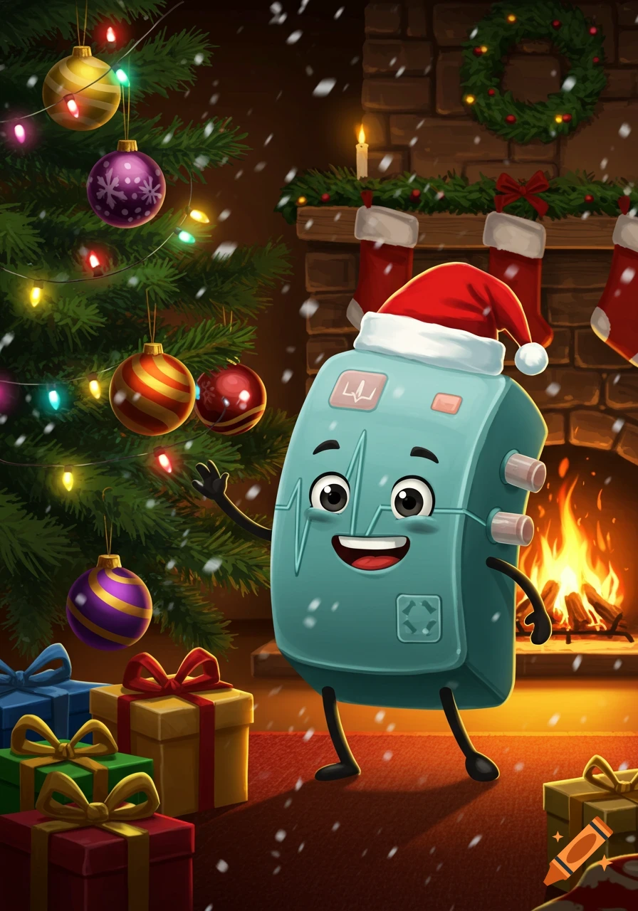 A funny, cartoon pacemaker character in a Santa hat waves next to a decorated Christmas tree and gifts by a fireplace with falling snow.