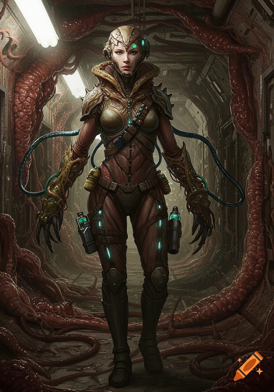 A female sci-fi freelancer in a biomechanical suit with armor and glowing elements stands in a dark, fleshy, decaying corridor, in a horror concept art style.