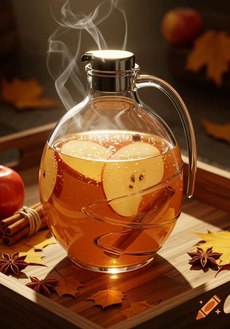 A clear glass pitcher of steaming apple cider with apple slices, cinnamon sticks, and autumn leaves on a wooden tray in a photorealistic style.