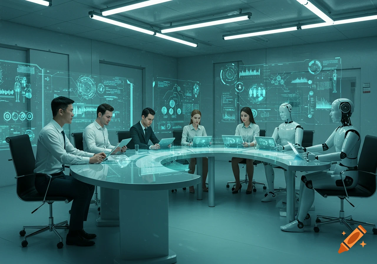 A futuristic meeting room with people and humanoid robots around a table, viewing data on holographic screens and laptops.