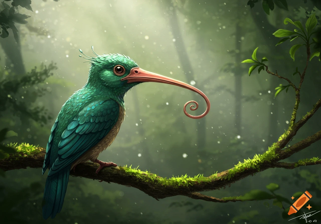 A green fantasy bird with a long, curled pink beak perches on a mossy branch in a misty forest with dappled light.