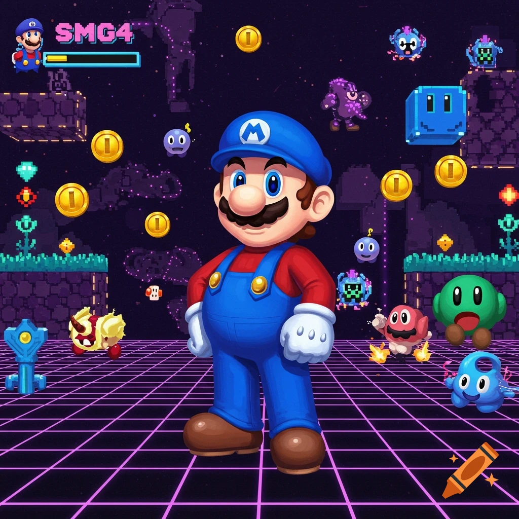 Mario stands center in a retro-futuristic pixel art video game world, surrounded by coins, pixelated enemies, and game elements.