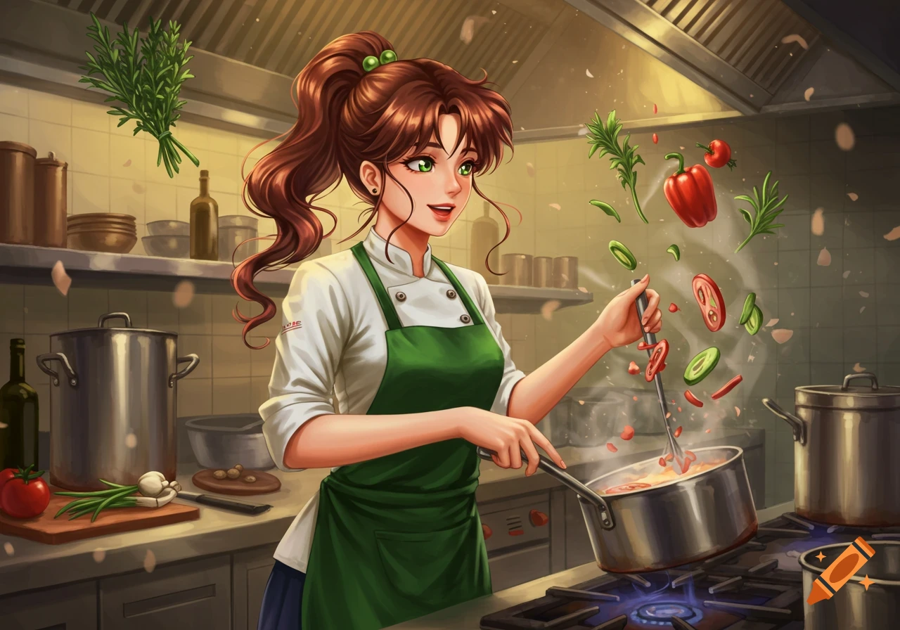 Anime-style character Sailor Jupiter cooking in a professional kitchen, tossing vegetables into a pot.