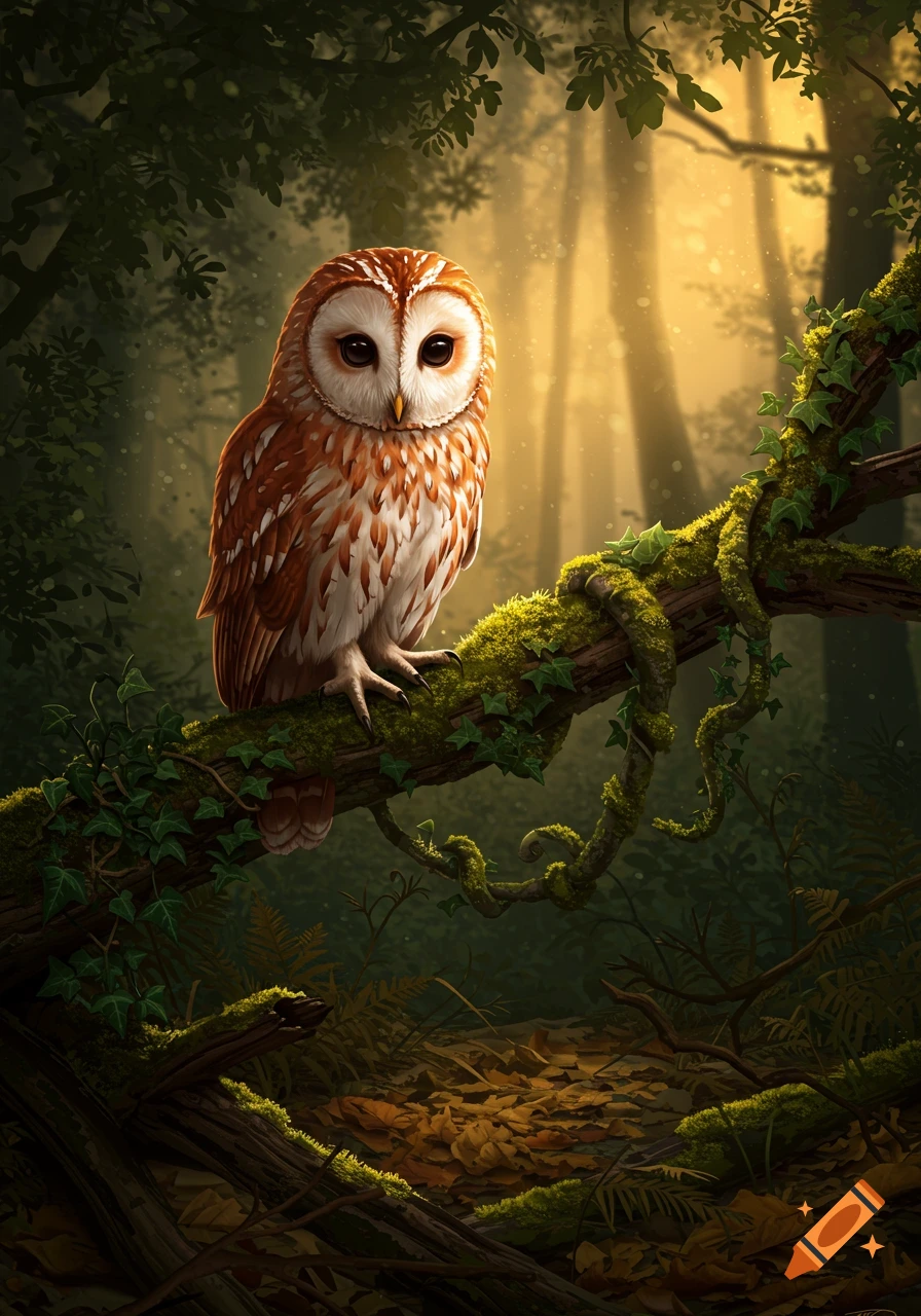 A cute tawny owl with orange-brown and white feathers perches on a moss-covered branch in a sun-dappled forest.