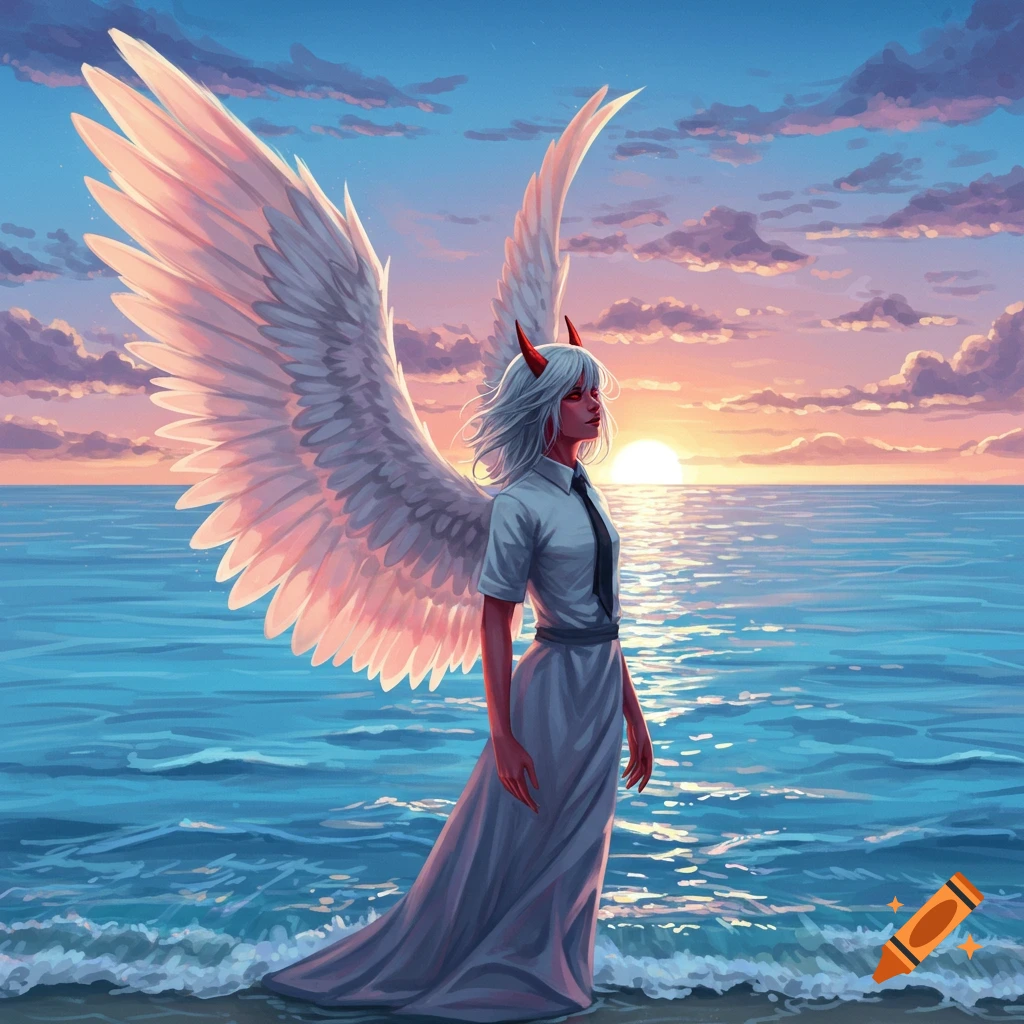 Anime character with white wings, red skin, and horns standing in the ocean at sunset, wearing a white shirt and long skirt.