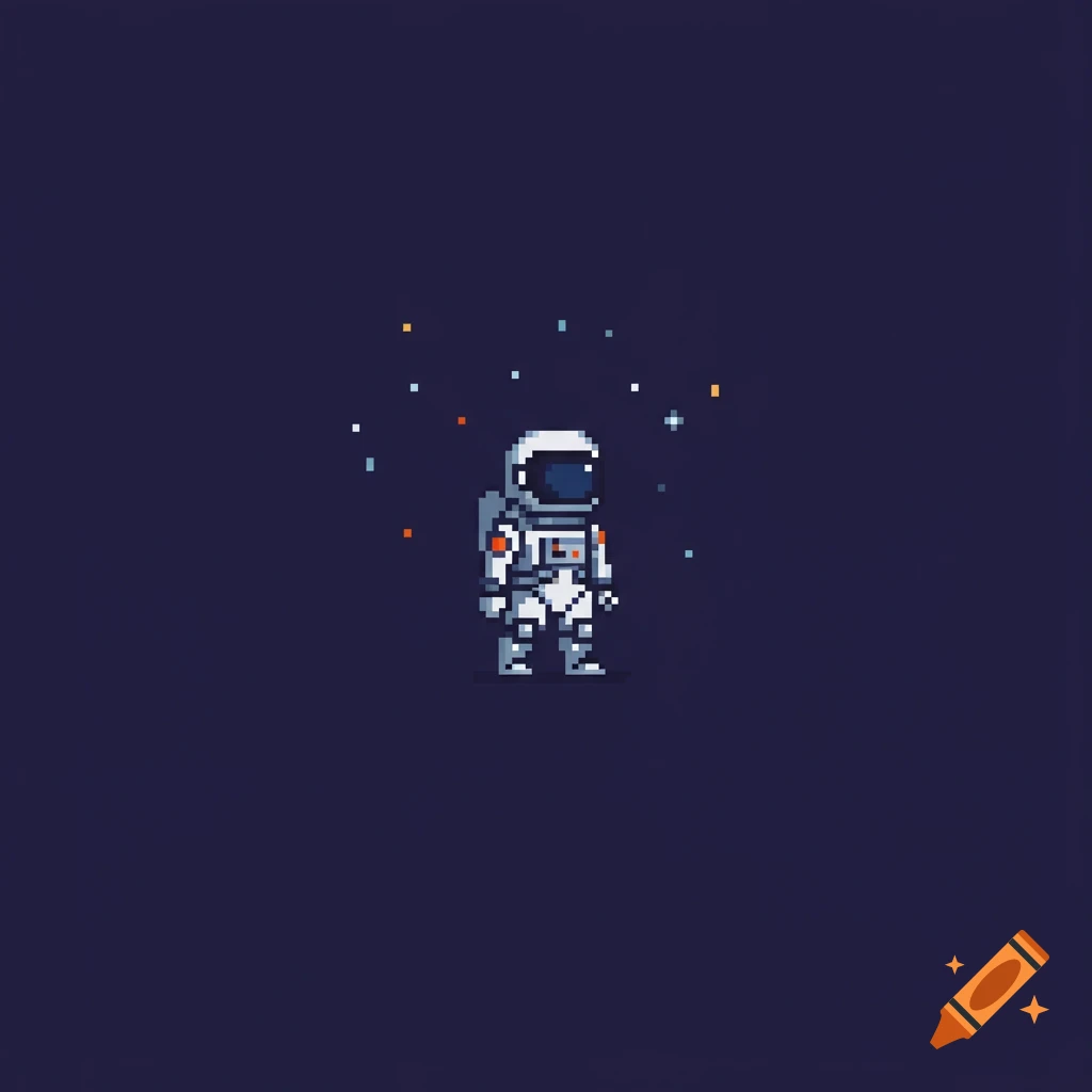 Pixel art illustration of an astronaut in a white spacesuit floating in dark space with colorful stars.