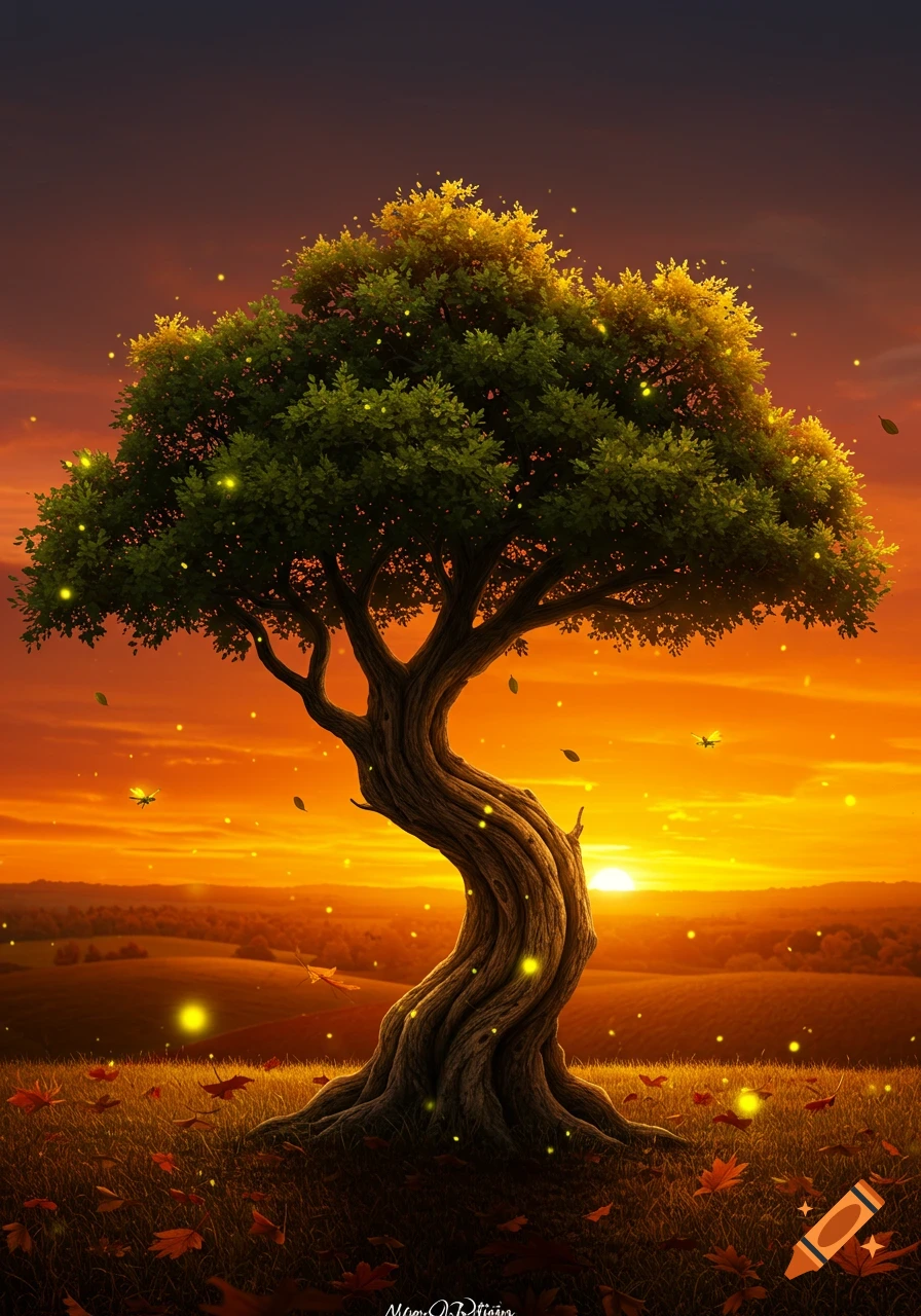 Vibrant fantasy art of a gnarled tree with green leaves, glowing lights, and autumn foliage in a field at sunset.