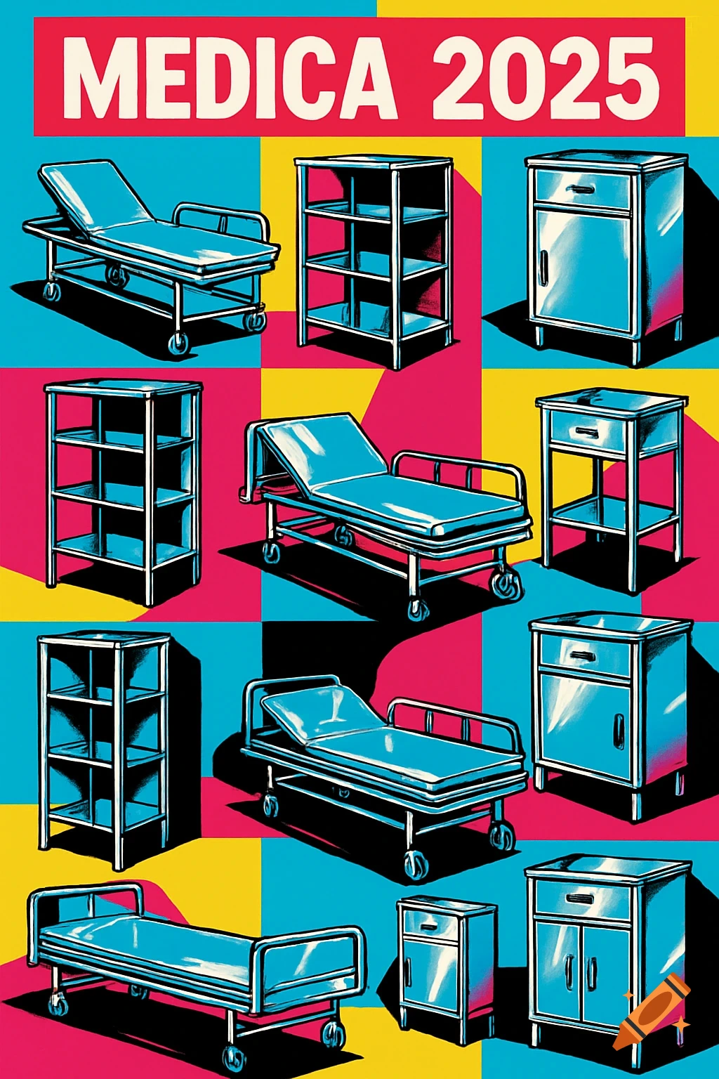 Pop art graphic of medical beds, shelves, and cabinets in a colorful grid, with 'MEDICA 2025' text.