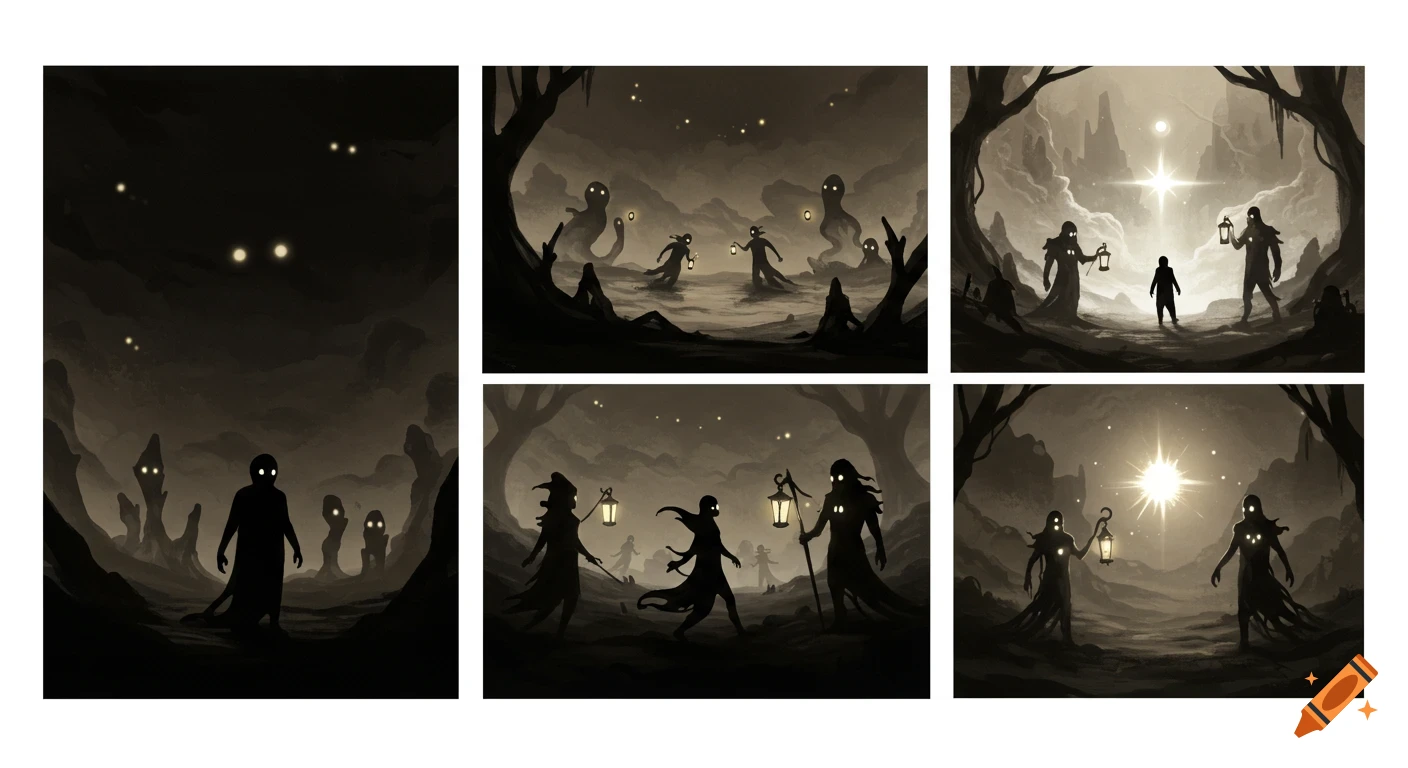 Six sepia-toned fantasy illustrations. Shadowy figures with glowing eyes and lanterns explore dark, eerie landscapes, some with bright star-like lights.