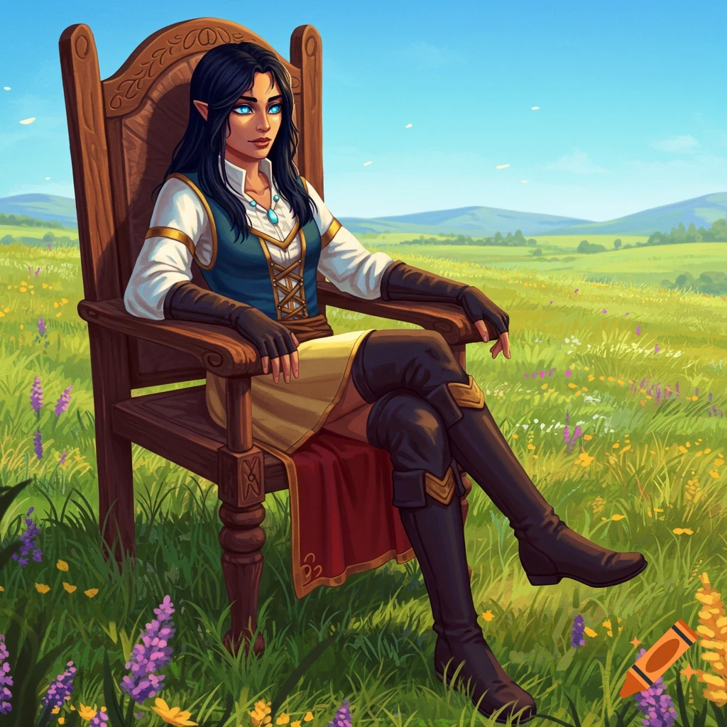 An illustrated fantasy woman with dark hair and blue eyes sits on a wooden chair in a sunny, wildflower-filled field.