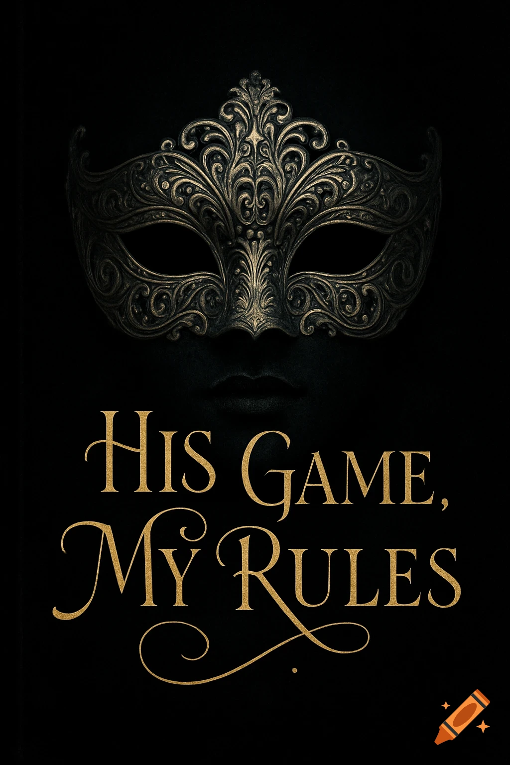 An ornate gold and black masquerade mask over a dark background with the golden text 'His Game, My Rules'.