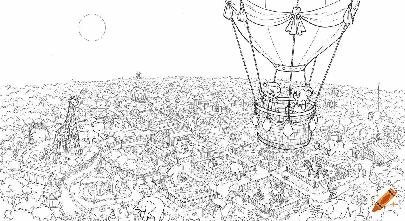 Blackline cartoon drawing of a detailed zoo viewed from above, with a hot air balloon carrying two monkeys hovering over various animal enclosures.