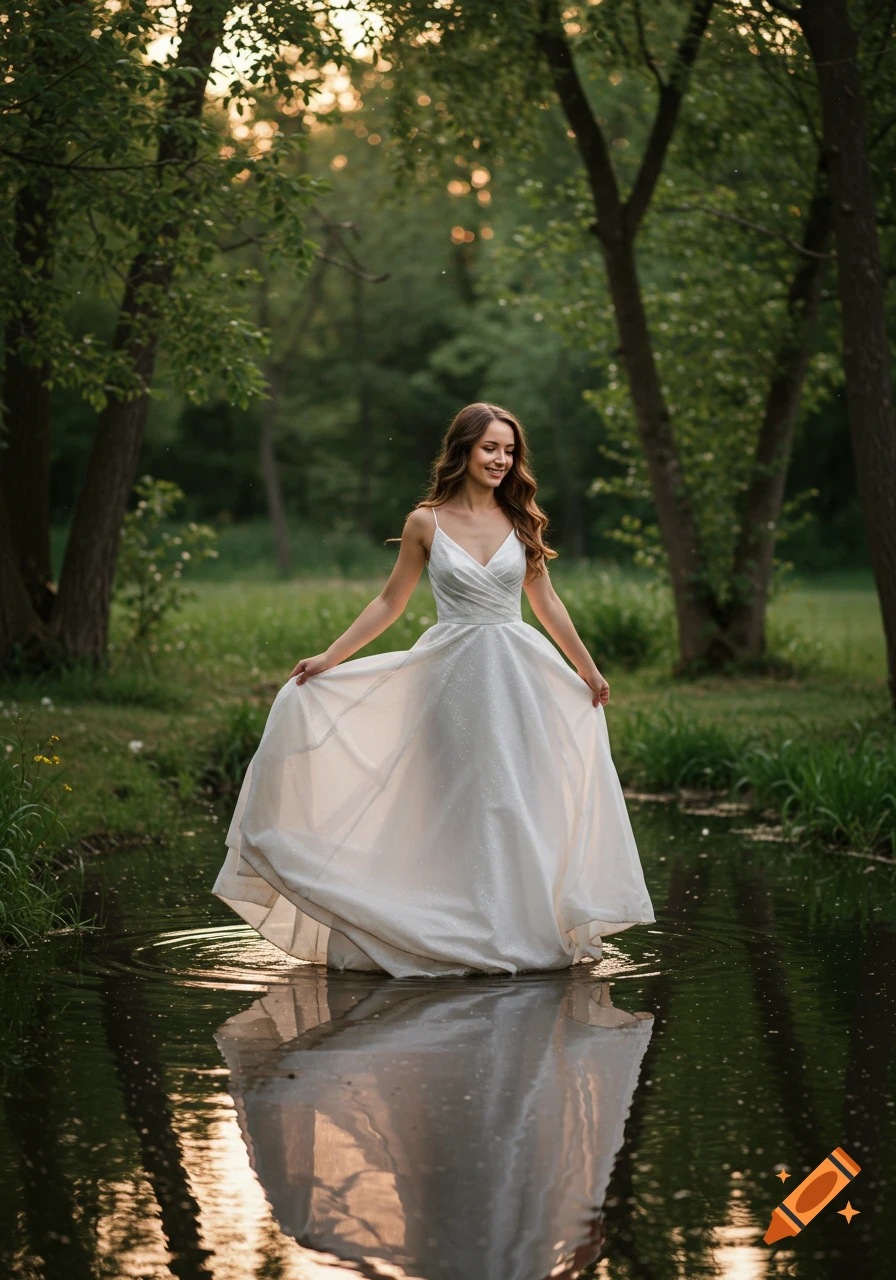 Smiling woman in a white gown stands in a pond in a forest at sunset, reflected in the water.