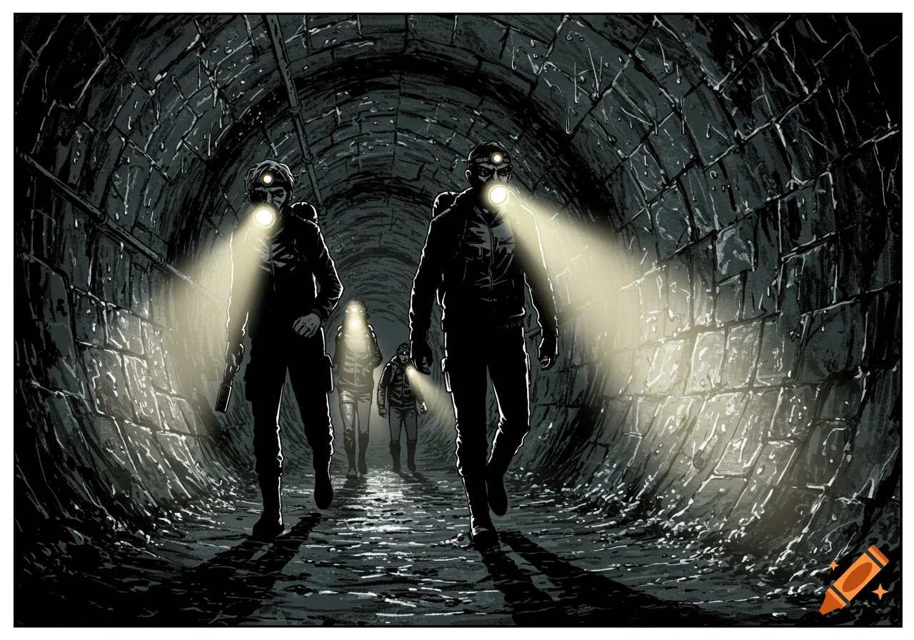 Manga illustration of four figures with headlamps and flashlights walking through a dark, wet, brick sewer tunnel.