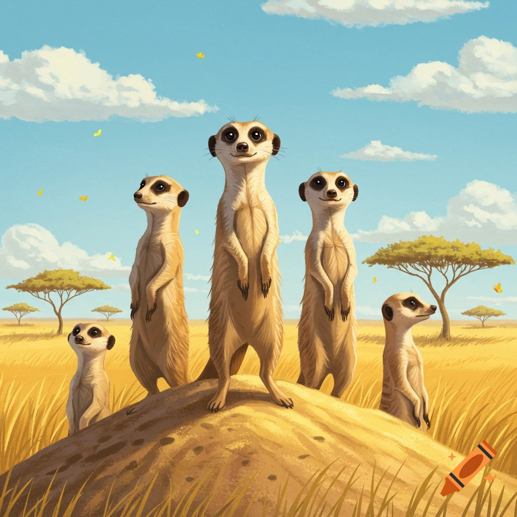 An illustration of five meerkats standing on a dirt mound in a sunny savanna landscape with acacia trees and a blue sky.