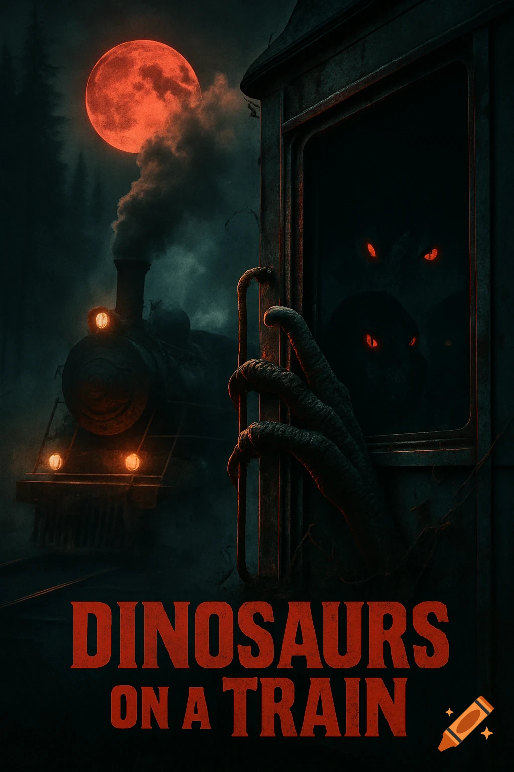 Horror movie poster: monstrous hand from a train window, red eyes inside, steam train under a blood moon with text "DINOSAURS ON A TRAIN"