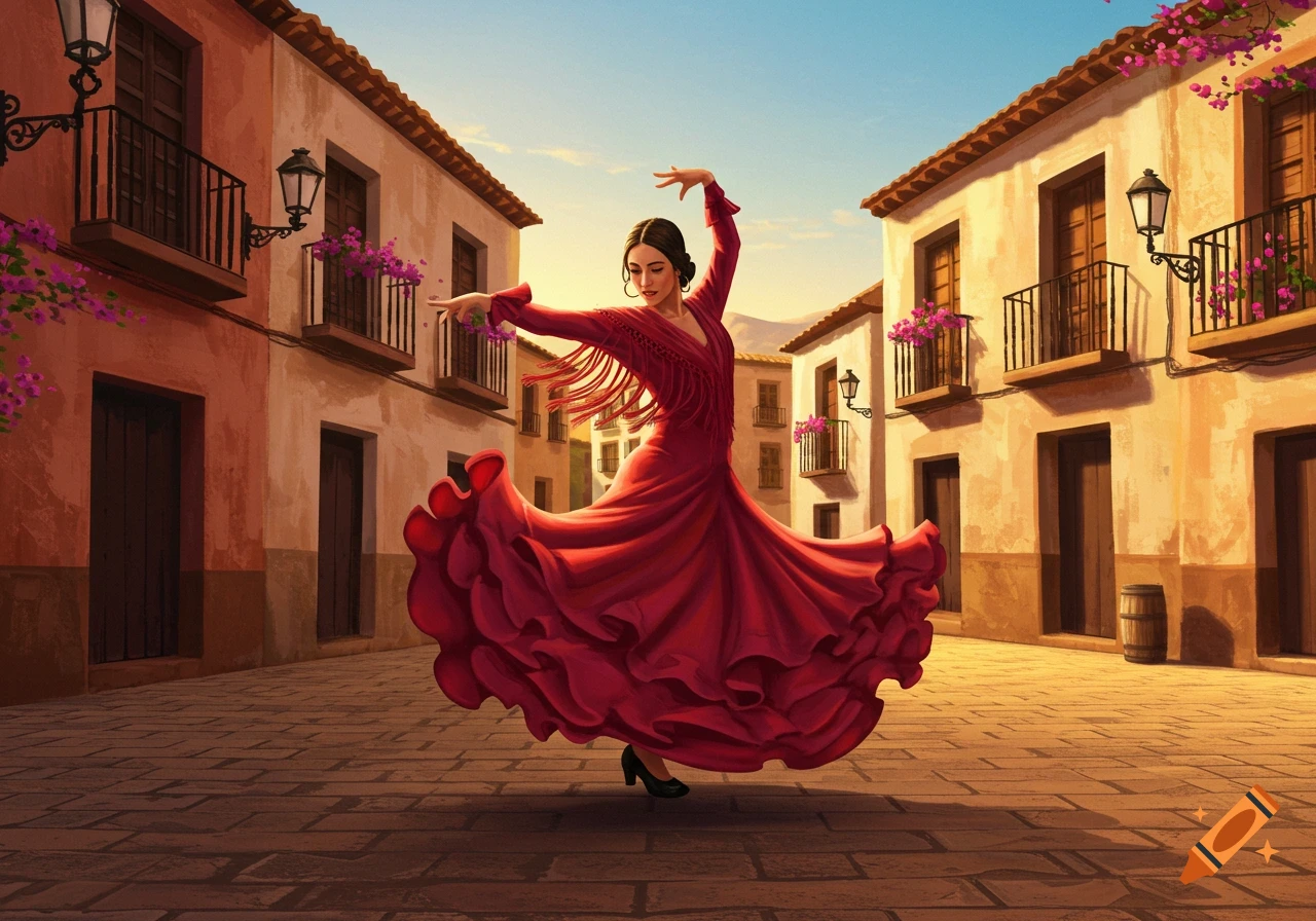 A woman in a voluminous red flamenco dress dances gracefully on a cobbled street in a Spanish town with whitewashed buildings.