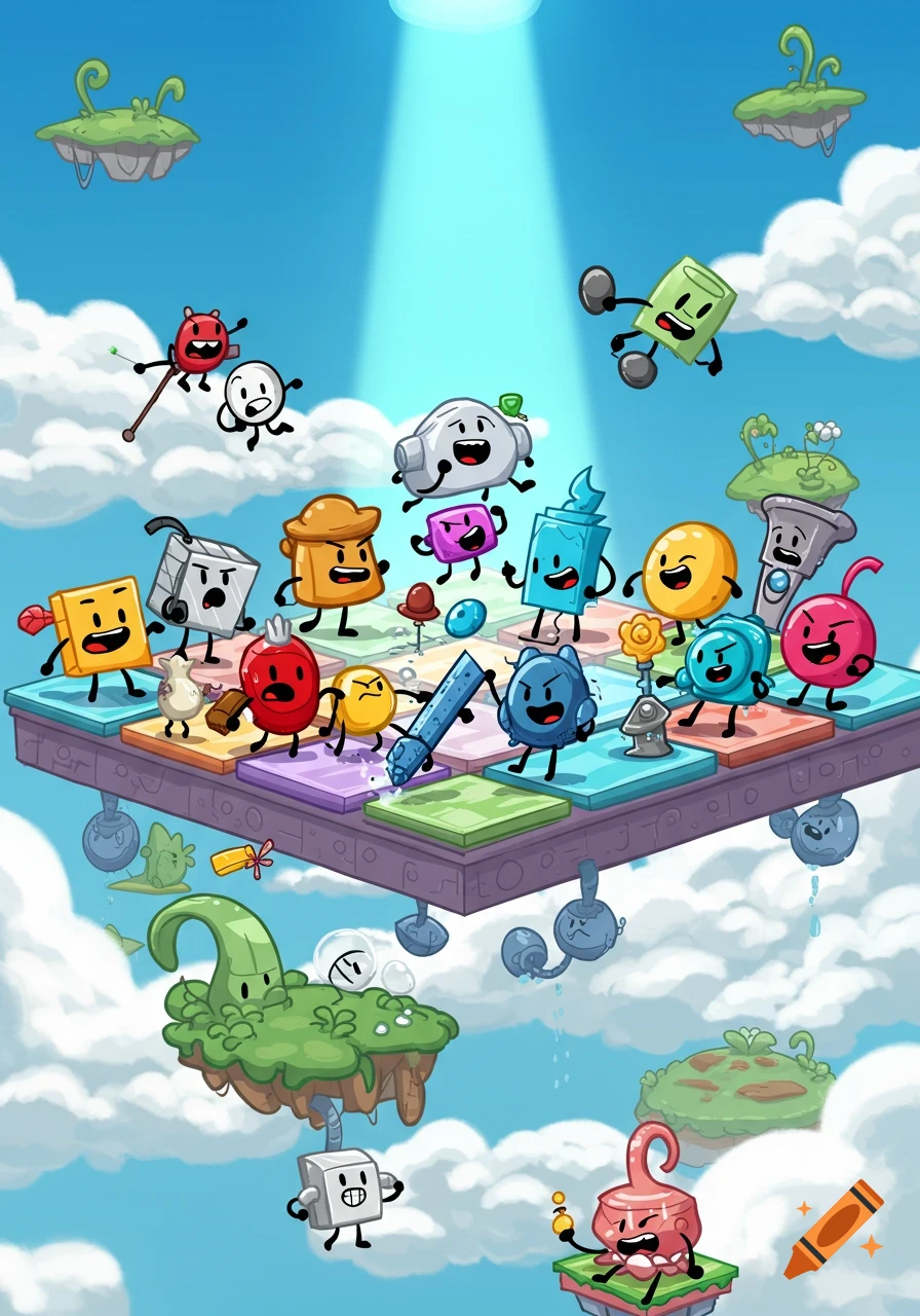 Many colorful anthropomorphic objects with faces and limbs on a large floating platform in a whimsical sky, cartoon style.