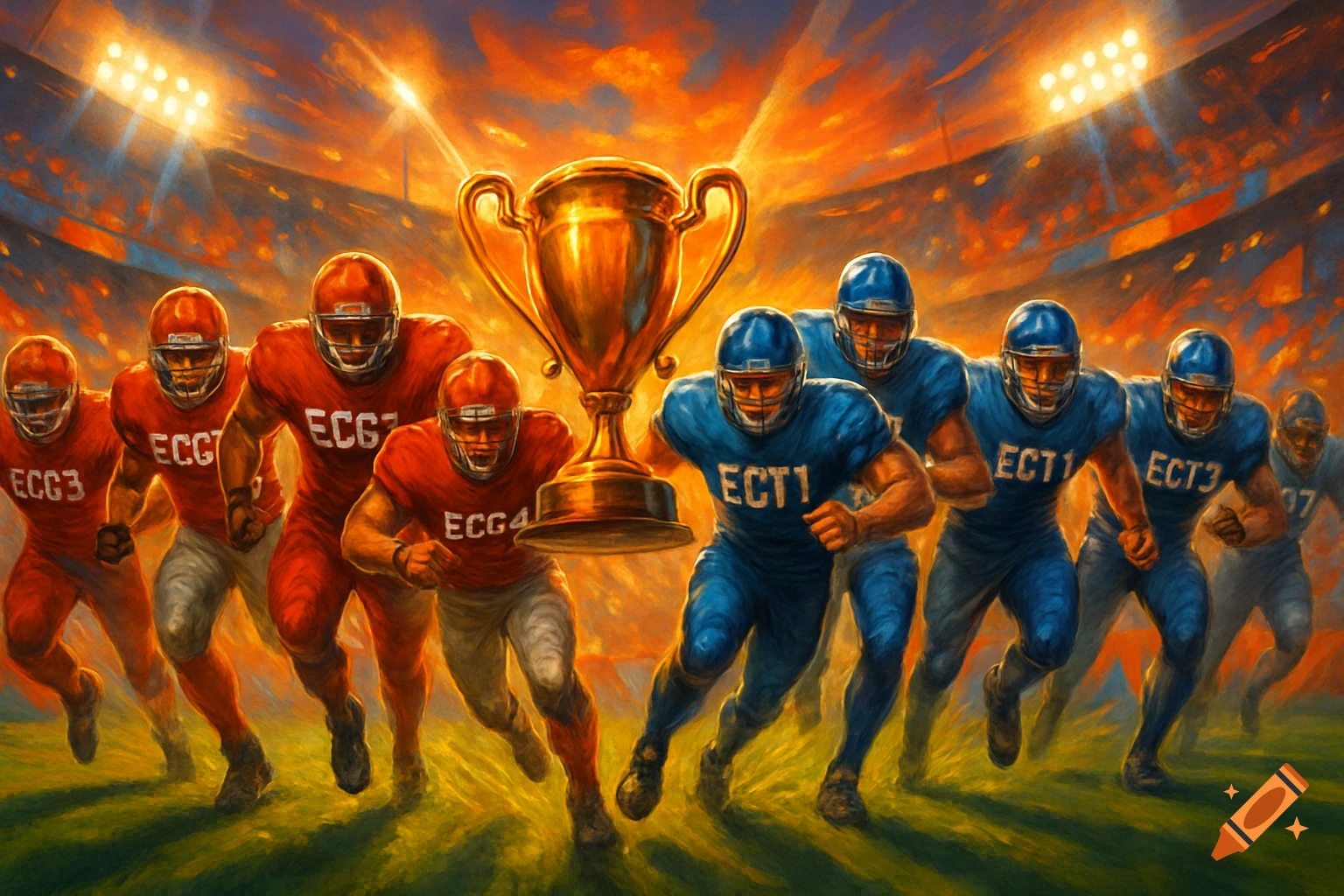 A dynamic painting of two teams of football players, one red and one blue, running towards a large golden trophy in the center of a stadium at sunset.