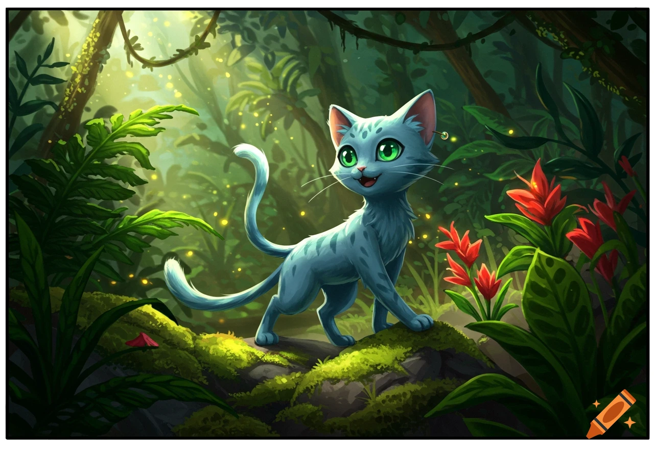 A cute blue cartoon cat with big green eyes stands in a lush green jungle with red flowers and glowing specks.