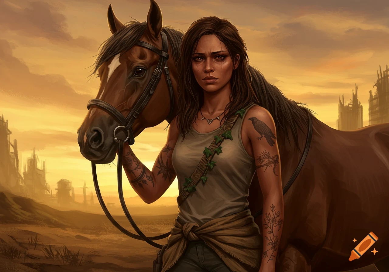 A tough woman with tattoos stands next to a horse in a post-apocalyptic desert with ruined buildings at sunset, digital painting.