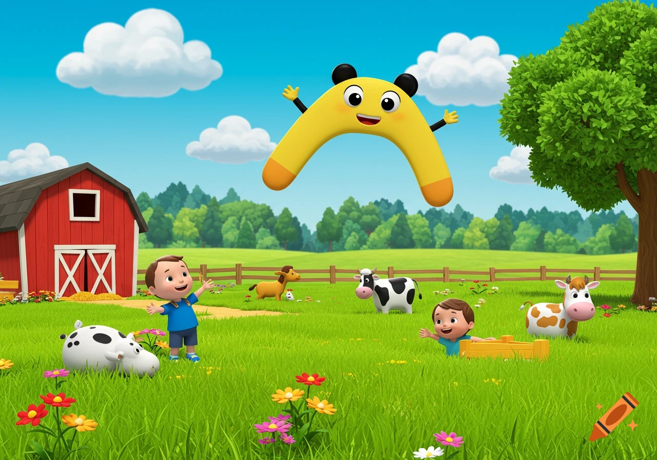 A cheerful yellow boomerang character with a face flies over a sunny cartoon farm with two kids, cows, and a horse near a red barn.