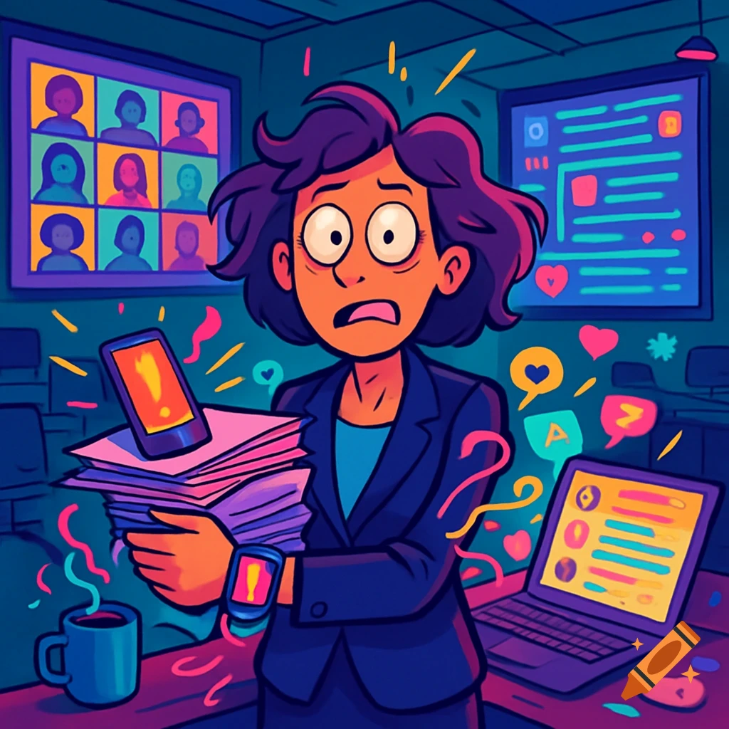 Cartoon of a stressed female executive overwhelmed by virtual meetings, device notifications, and social media in an office.