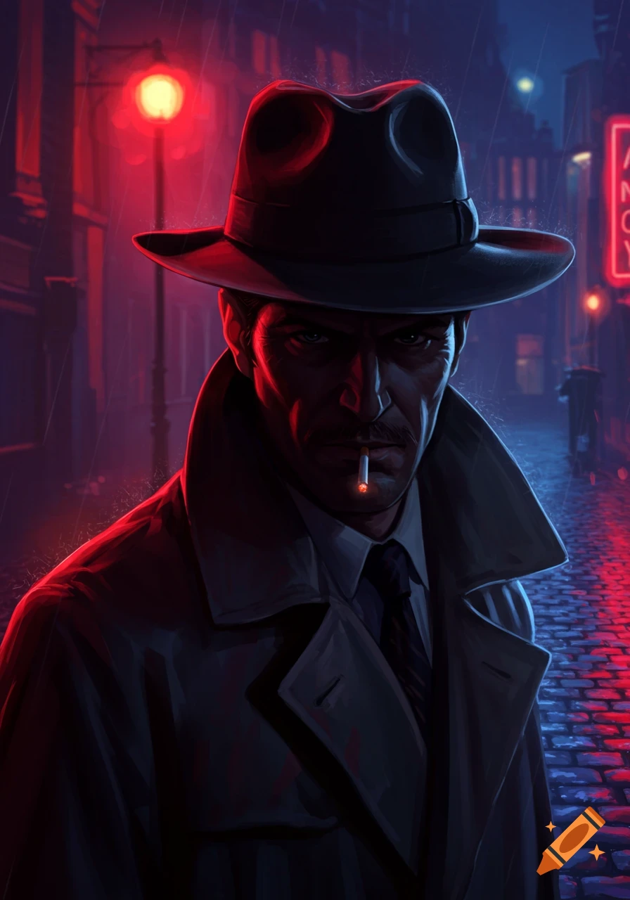 A mysterious detective in a fedora and trench coat smokes a cigarette on a rainy, neon-lit street at night, in an illustrative noir style.