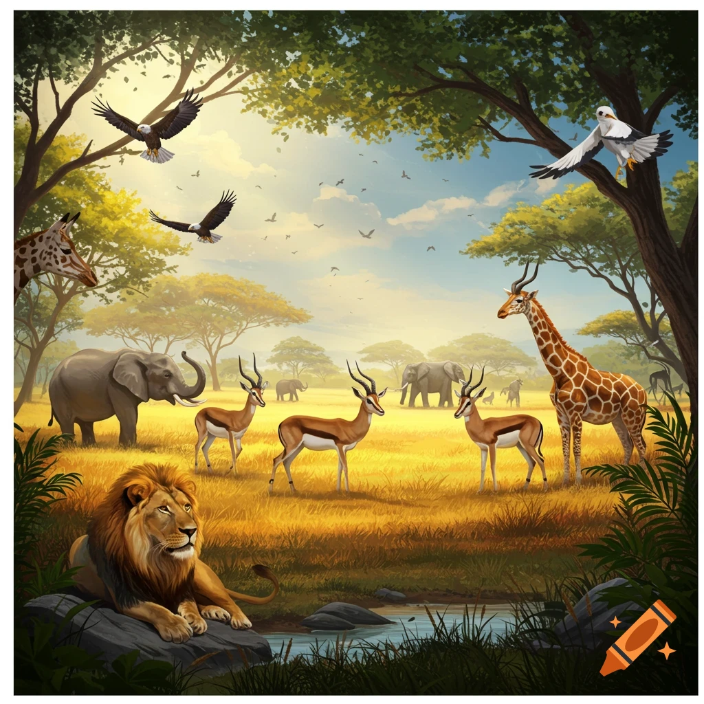 Vibrant illustration of safari animals including a lion, elephants, gazelles, giraffes, and eagles in a sunny savanna landscape.