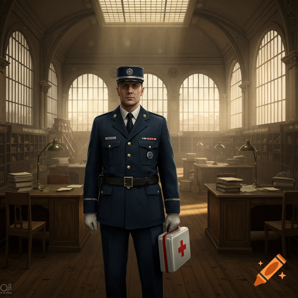 A man in a blue uniform and white gloves stands in a grand library, holding a white first-aid kit with a red cross. Photorealistic style.