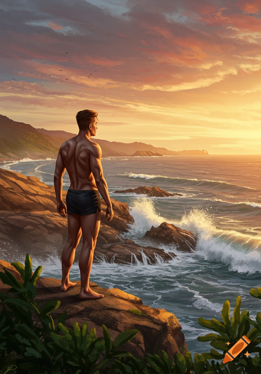Muscular man in swim trunks standing on a rocky cliff overlooking a vibrant ocean sunset, digital art.