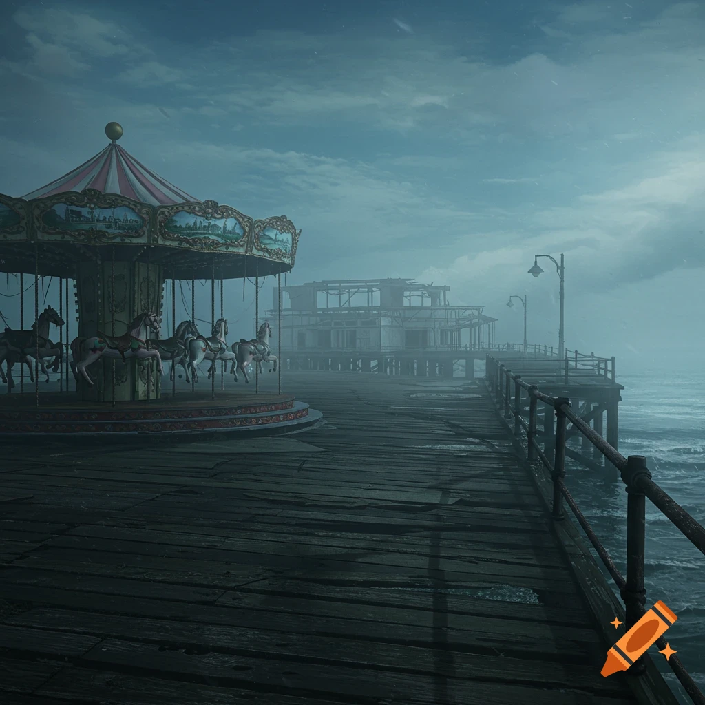 An abandoned, decaying amusement pier with a rundown carousel, overlooking a stormy ocean under a dark, cloudy sky.
