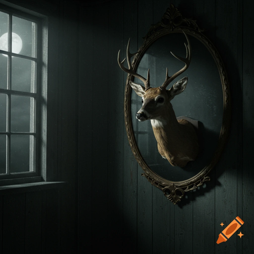 A taxidermied deer head with antlers is mounted on a dark wooden wall, reflected in an ornate oval mirror, beside a moonlit window.