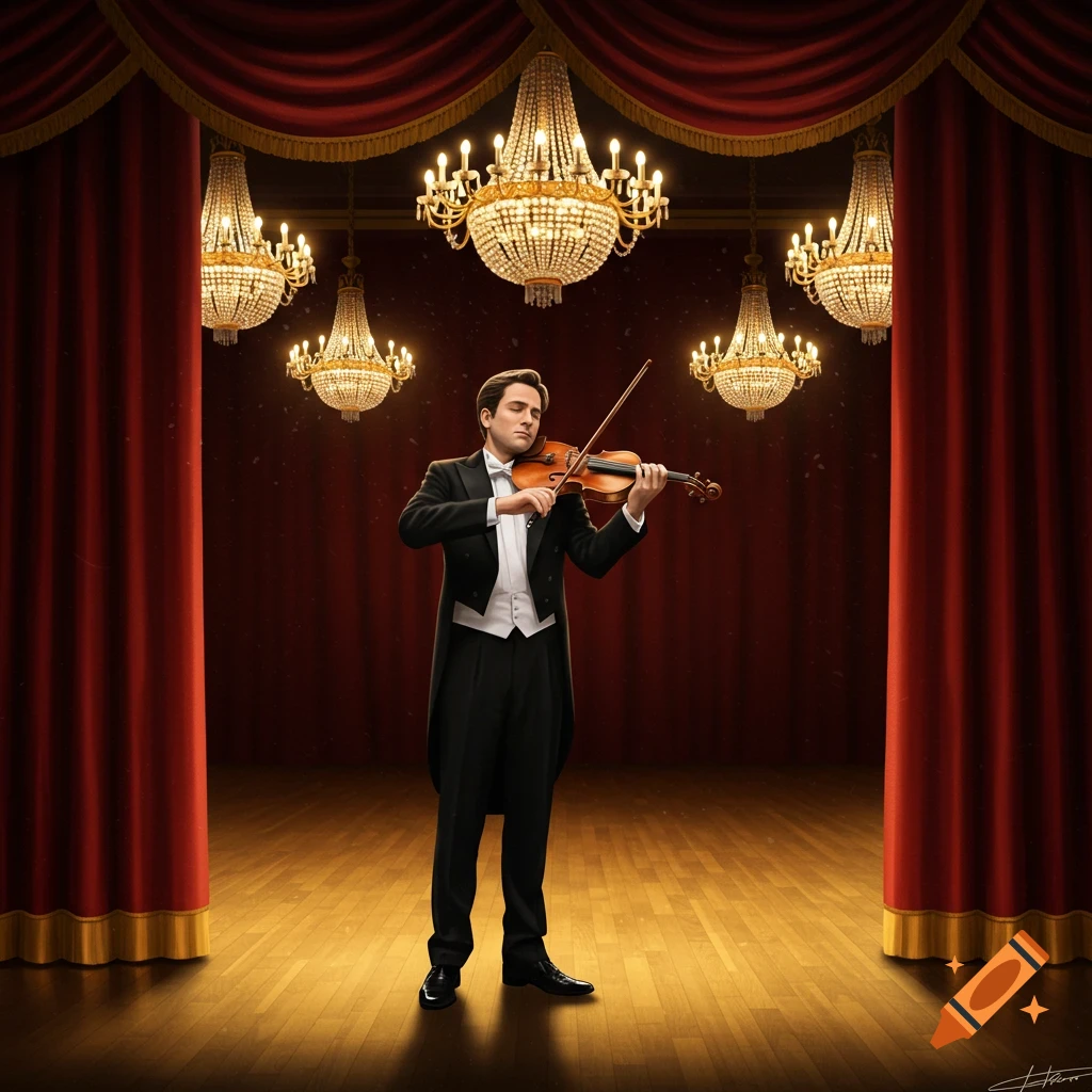 A man in a tuxedo plays a violin on a spotlighted wooden stage, flanked by red curtains and illuminated chandeliers.